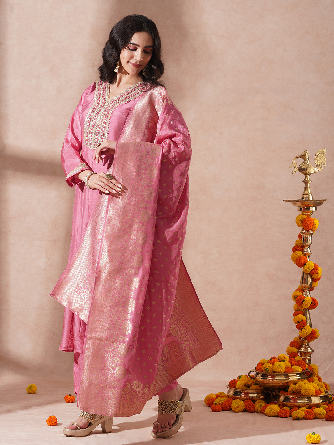 Solid Ethnic Embroidered Anarkali Flared Kurta with Pant & Dupatta - Pink