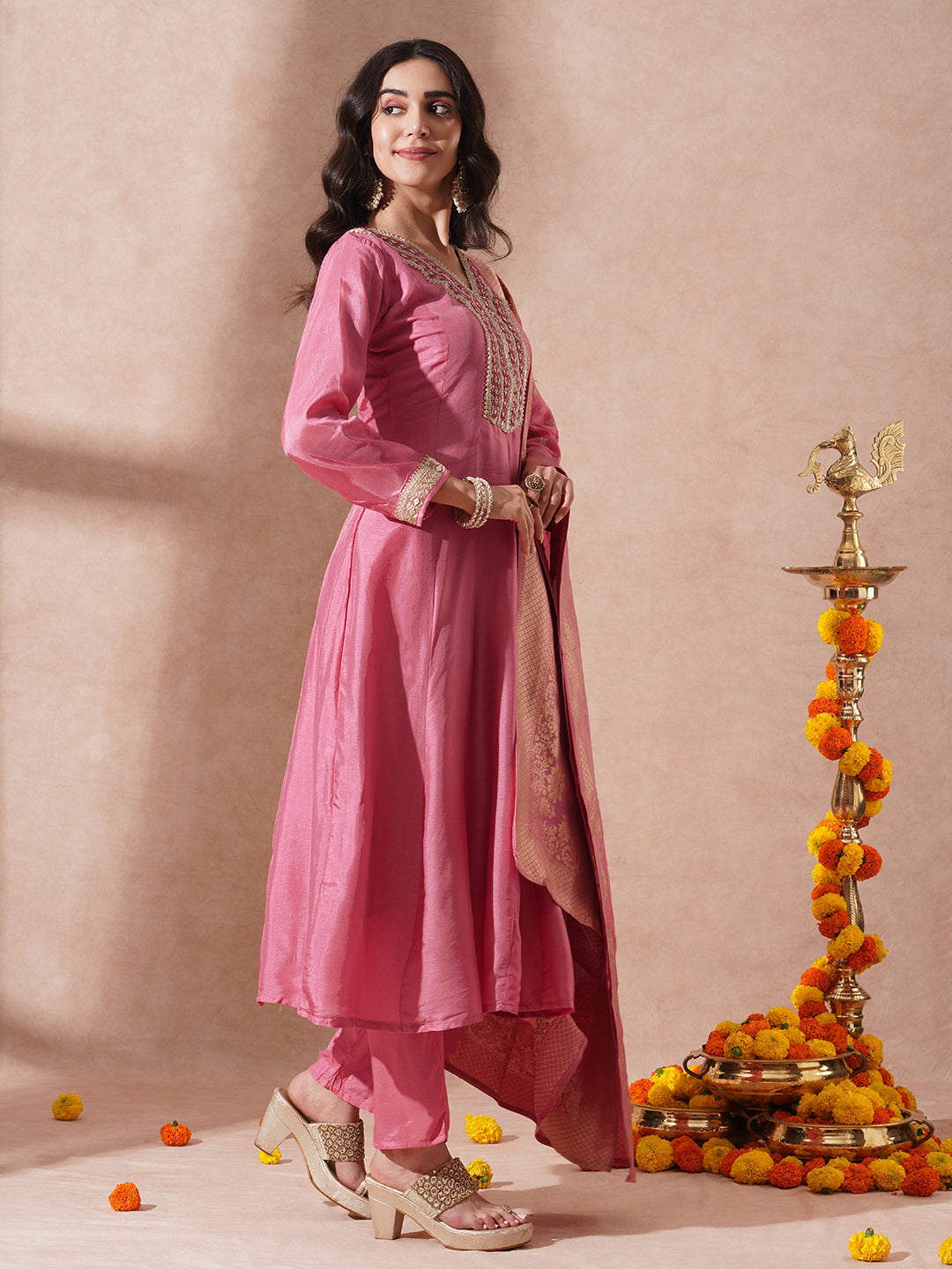 Solid Ethnic Embroidered Anarkali Flared Kurta with Pant & Dupatta - Pink