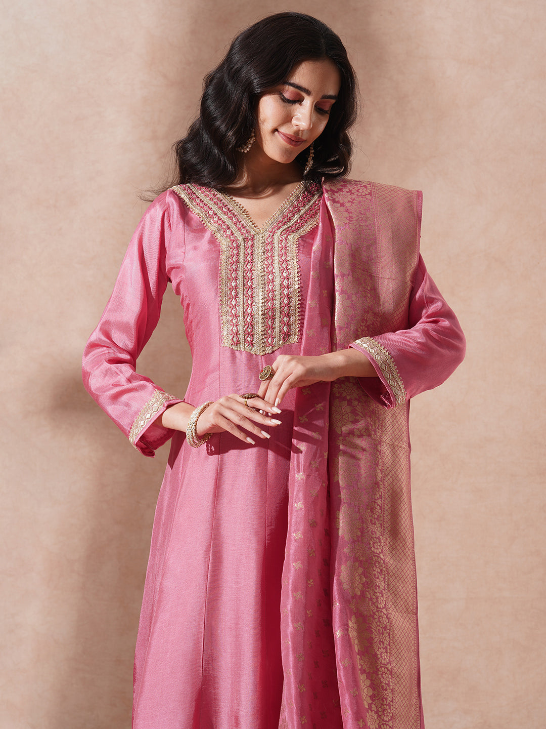 Solid Ethnic Embroidered Anarkali Flared Kurta with Pant & Dupatta - Pink