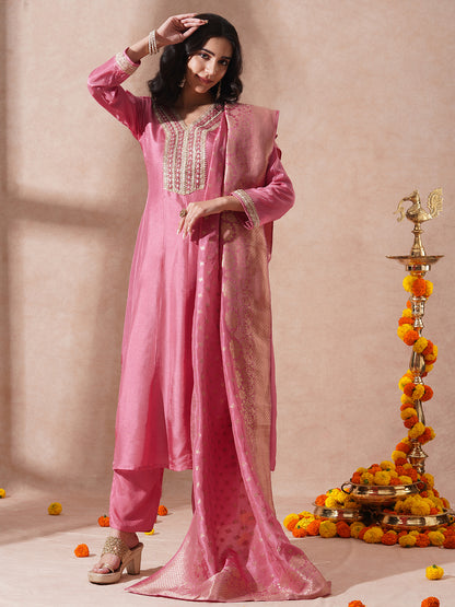 Solid Ethnic Embroidered Anarkali Flared Kurta with Pant & Dupatta - Pink