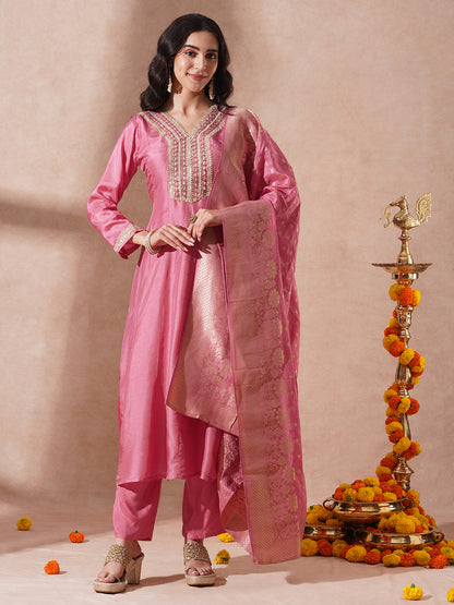 Solid Ethnic Embroidered Anarkali Flared Kurta with Pant & Dupatta - Pink