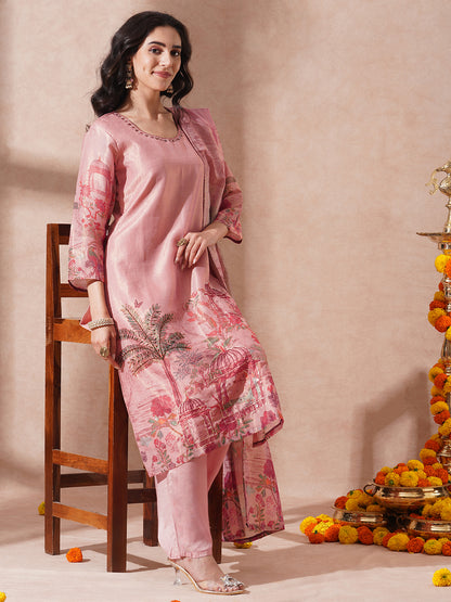 Abstract Floral Printed & Hand Embroidered Straight Kurta with Pant & Dupatta - Pink