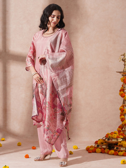 Abstract Floral Printed & Hand Embroidered Straight Kurta with Pant & Dupatta - Pink