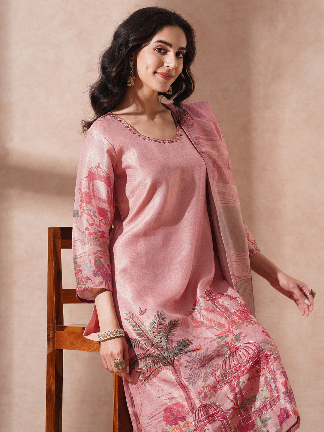 Abstract Floral Printed & Hand Embroidered Straight Kurta with Pant & Dupatta - Pink