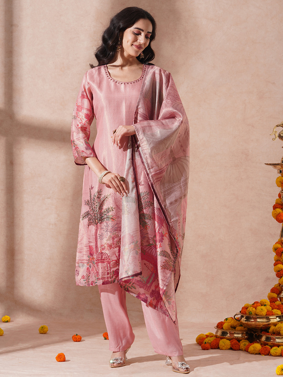 Abstract Floral Printed & Hand Embroidered Straight Kurta with Pant & Dupatta - Pink