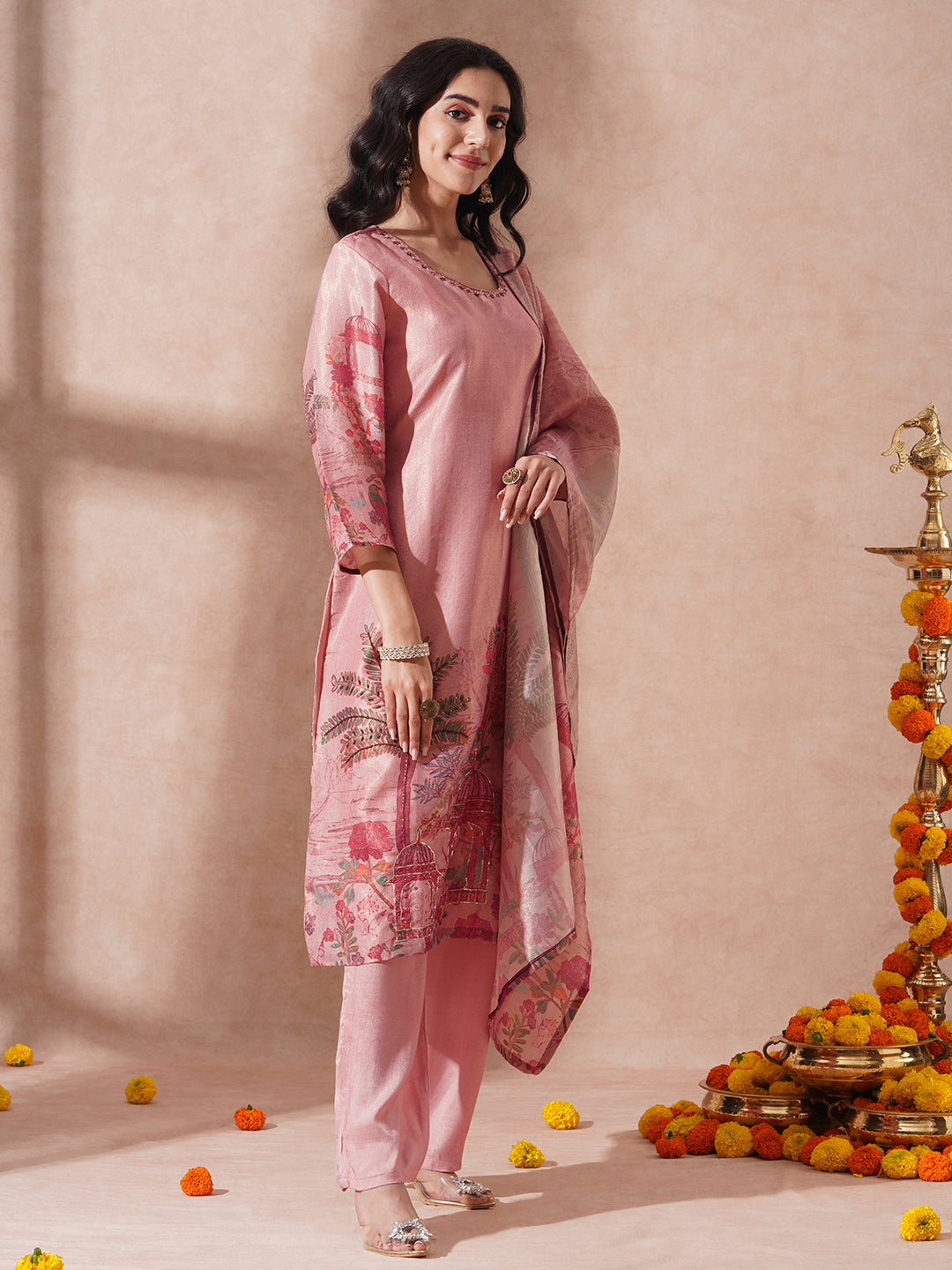 Abstract Floral Printed & Hand Embroidered Straight Kurta with Pant & Dupatta - Pink