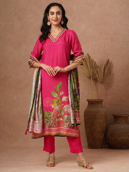 Floral Printed & Hand Embroidered Straight Kurta with Pant & Dupatta - Pink