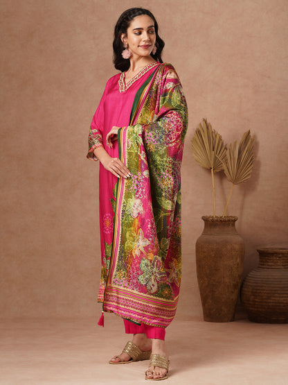 Floral Printed & Hand Embroidered Straight Kurta with Pant & Dupatta - Pink