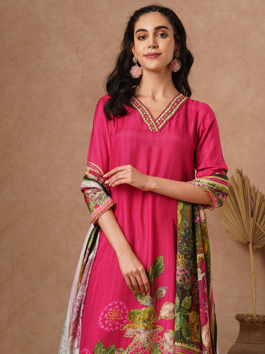 Floral Printed & Hand Embroidered Straight Kurta with Pant & Dupatta - Pink