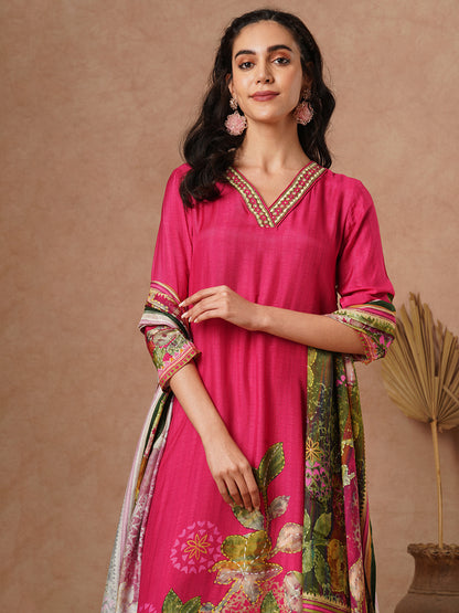 Floral Printed & Hand Embroidered Straight Kurta with Pant & Dupatta - Pink