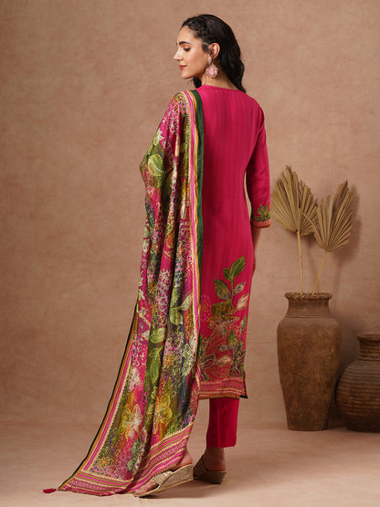 Floral Printed & Hand Embroidered Straight Kurta with Pant & Dupatta - Pink