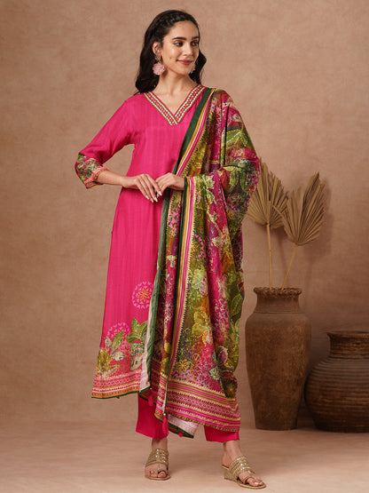 Floral Printed & Hand Embroidered Straight Kurta with Pant & Dupatta - Pink