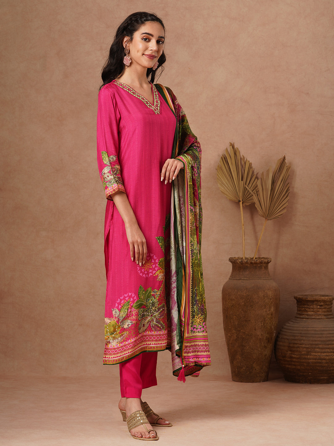 Floral Printed & Hand Embroidered Straight Kurta with Pant & Dupatta - Pink