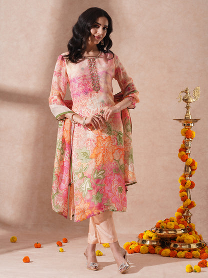 Abstract Floral Printed & Embroidered Straight Fit Kurta with Pant &a Dupatta - Peach