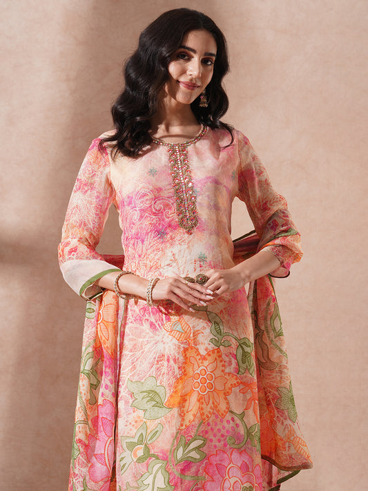 Abstract Floral Printed & Embroidered Straight Fit Kurta with Pant &a Dupatta - Peach