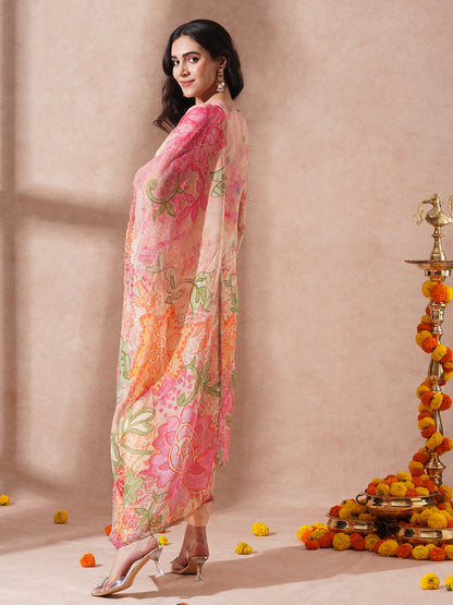 Abstract Floral Printed & Embroidered Straight Fit Kurta with Pant &a Dupatta - Peach