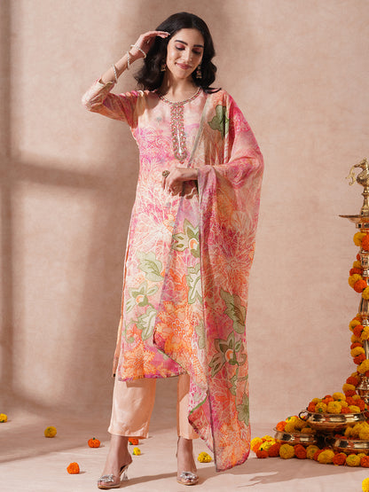 Abstract Floral Printed & Embroidered Straight Fit Kurta with Pant &a Dupatta - Peach