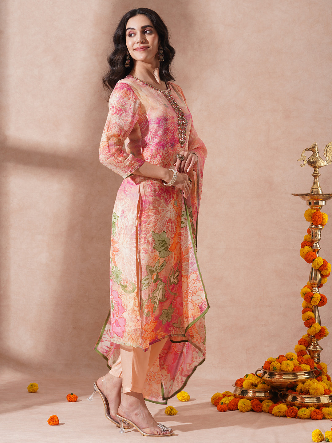 Abstract Floral Printed & Embroidered Straight Fit Kurta with Pant &a Dupatta - Peach