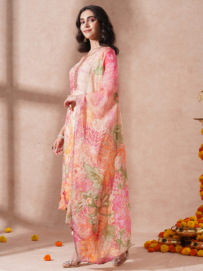 Abstract Floral Printed & Embroidered Straight Fit Kurta with Pant &a Dupatta - Peach