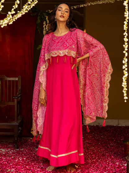 Solid Sequin Embroidered Maxi Layered Dress with Bandhani Printed Cape - Pink