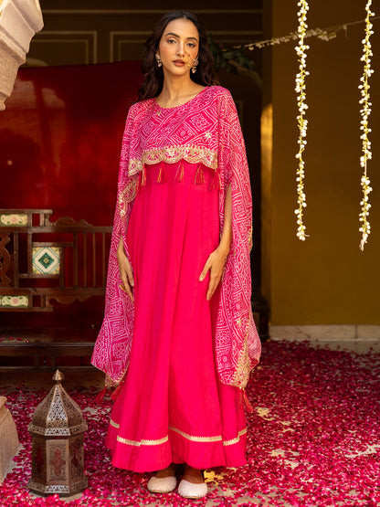 Solid Sequin Embroidered Maxi Layered Dress with Bandhani Printed Cape - Pink