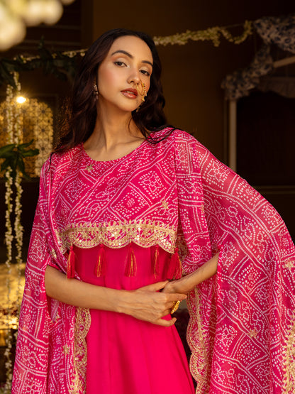 Solid Sequin Embroidered Maxi Layered Dress with Bandhani Printed Cape - Pink