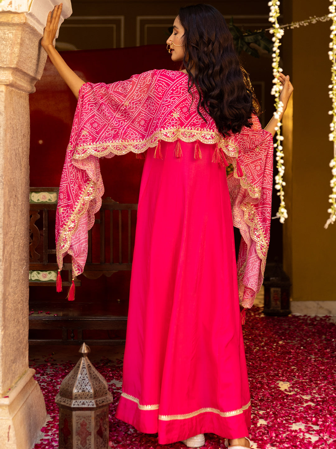 Solid Sequin Embroidered Maxi Layered Dress with Bandhani Printed Cape - Pink