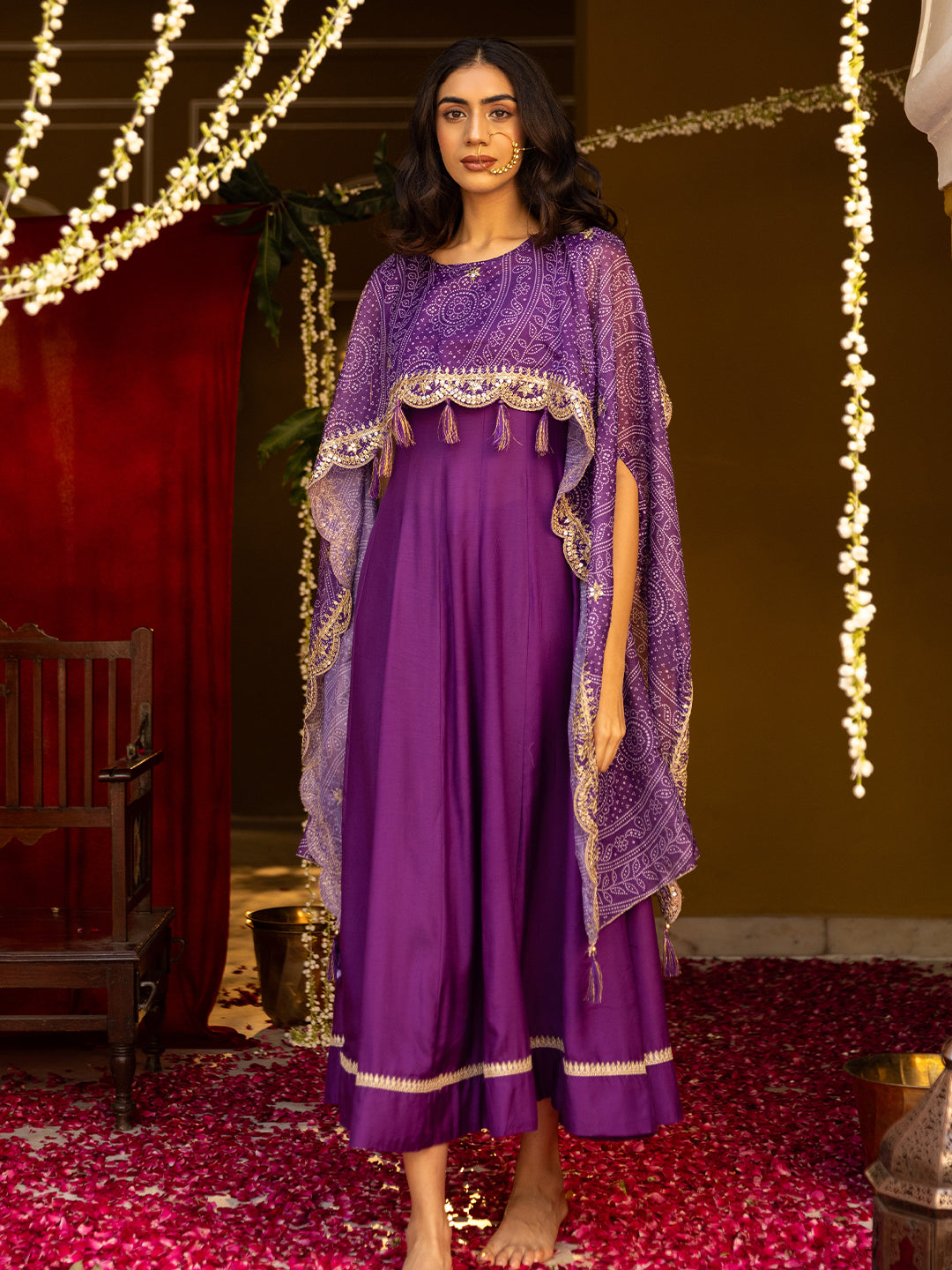 Solid Sequin Embroidered Maxi Layered Dress with Bandhani Printed Cape - Purple