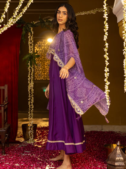 Solid Sequin Embroidered Maxi Layered Dress with Bandhani Printed Cape - Purple