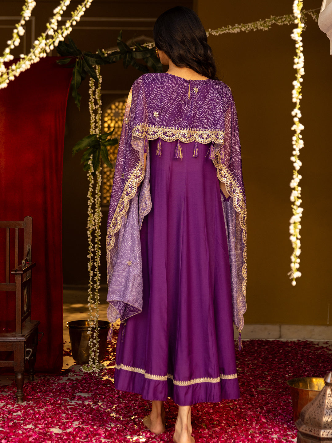 Solid Sequin Embroidered Maxi Layered Dress with Bandhani Printed Cape - Purple