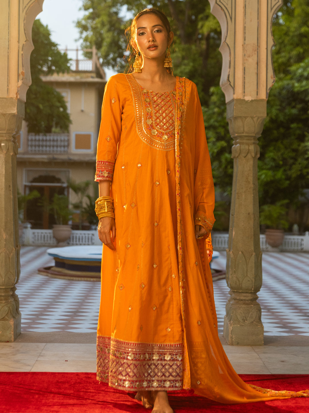 Solid Ethnic Embroidered A-Line Paneled Kurta with Palazzo & Dupatta - Orange