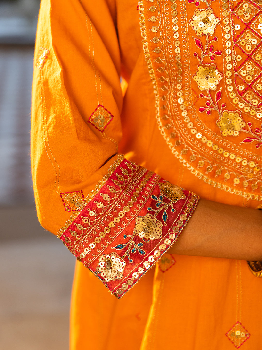 Solid Ethnic Embroidered A-Line Paneled Kurta with Palazzo & Dupatta - Orange