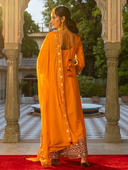 Solid Ethnic Embroidered A-Line Paneled Kurta with Palazzo & Dupatta - Orange