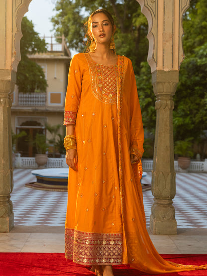 Solid Ethnic Embroidered A-Line Paneled Kurta with Palazzo & Dupatta - Orange