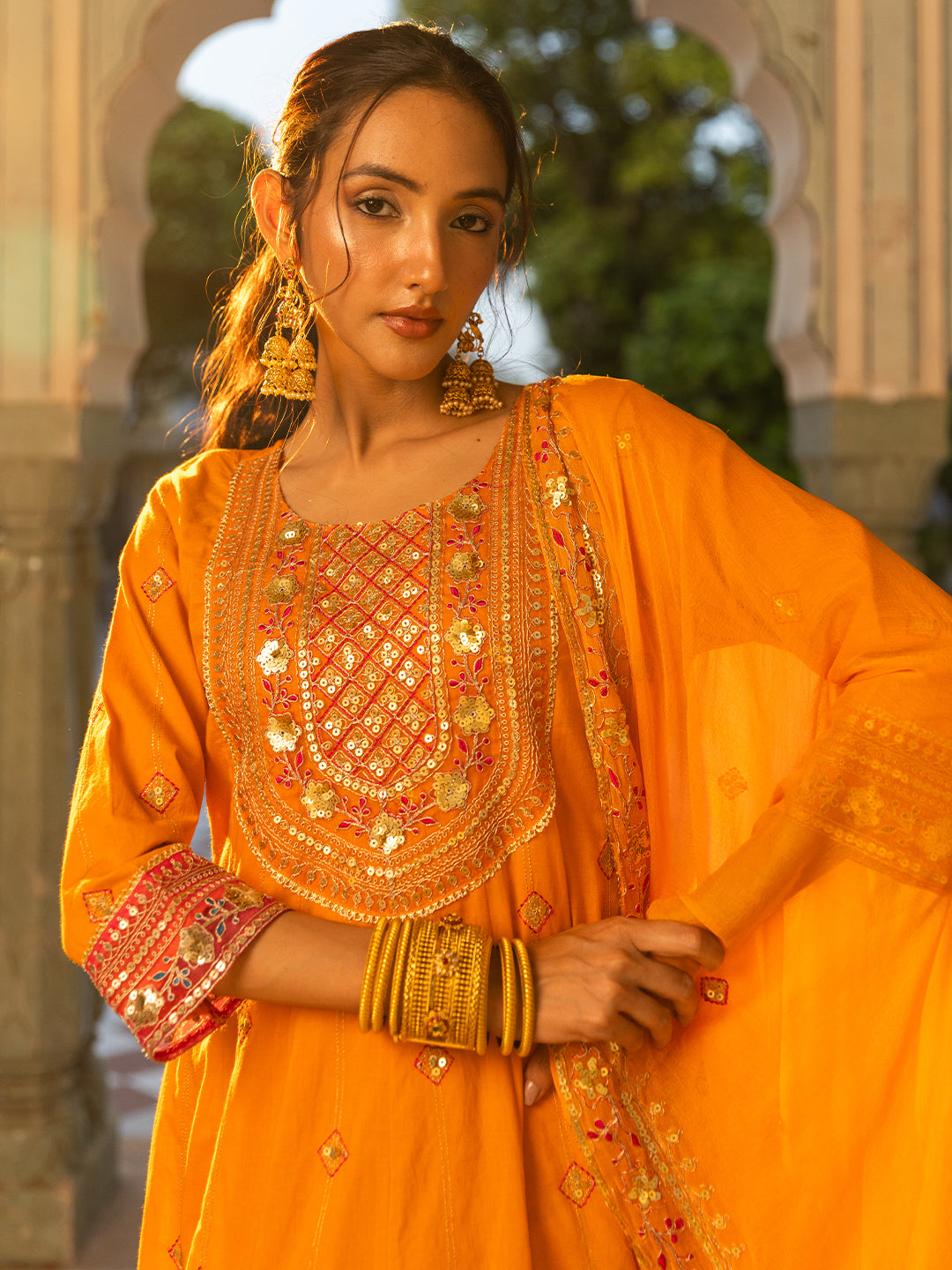 Solid Ethnic Embroidered A-Line Paneled Kurta with Palazzo & Dupatta - Orange