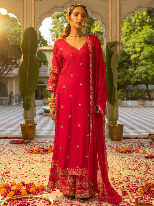 Solid Floral Sequin Embroidered Straight Kurta with Palazzo & Dupatta - Pink