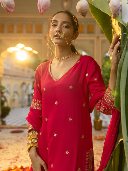 Solid Floral Sequin Embroidered Straight Kurta with Palazzo & Dupatta - Pink