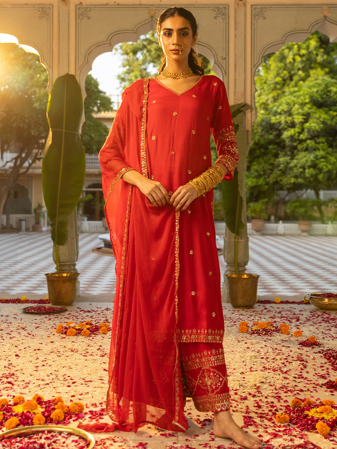 Solid Floral Sequin Embroidered Straight Kurta with Palazzo & Dupatta - Red