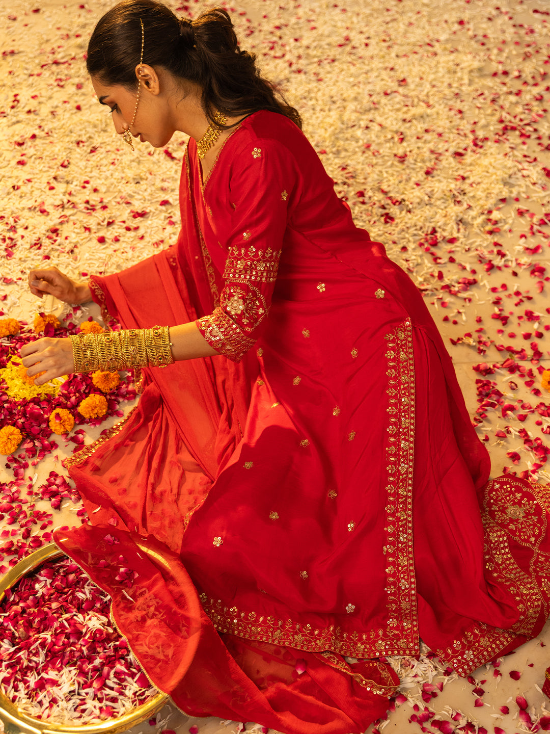 Solid Floral Sequin Embroidered Straight Kurta with Palazzo & Dupatta - Red