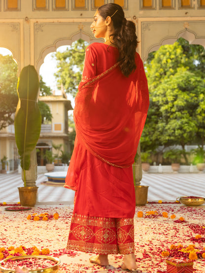 Solid Floral Sequin Embroidered Straight Kurta with Palazzo & Dupatta - Red