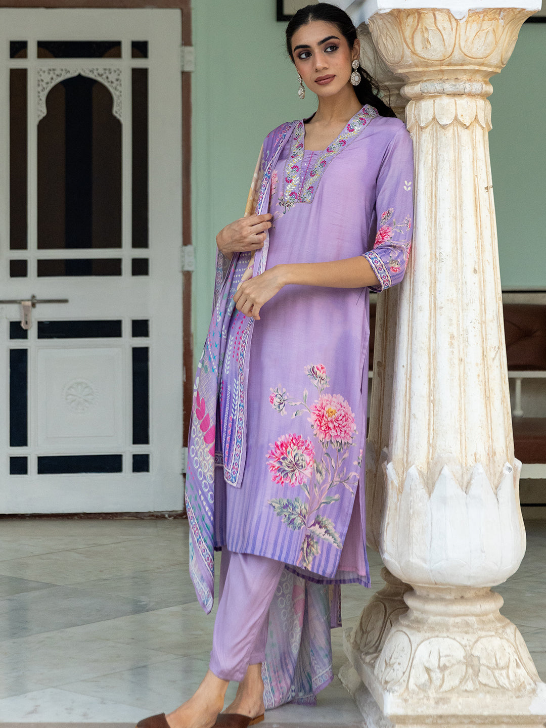 Floral Printed & Embroidered Straight Kurta with Pant & Dupatta -Purple