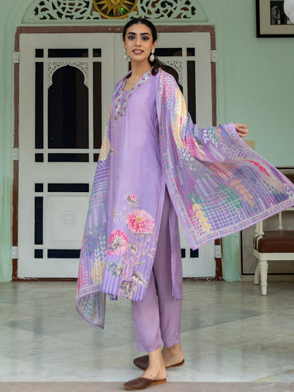 Floral Printed & Embroidered Straight Kurta with Pant & Dupatta -Purple