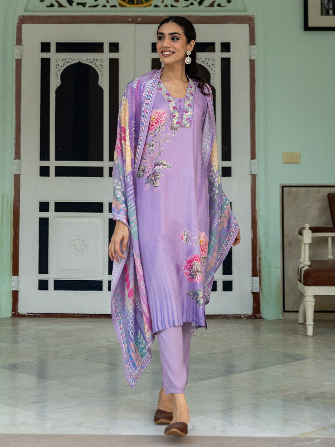 Floral Printed & Embroidered Straight Kurta with Pant & Dupatta -Purple