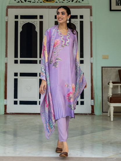 Floral Printed & Embroidered Straight Kurta with Pant & Dupatta -Purple