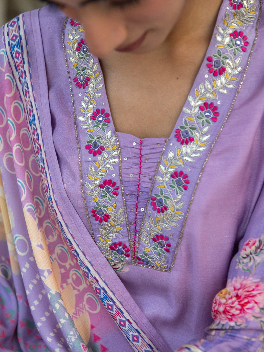 Floral Printed & Embroidered Straight Kurta with Pant & Dupatta -Purple