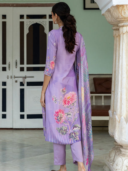 Floral Printed & Embroidered Straight Kurta with Pant & Dupatta -Purple