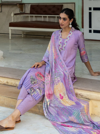 Floral Printed & Embroidered Straight Kurta with Pant & Dupatta -Purple