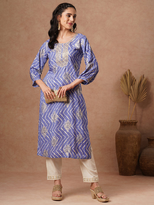 Ethnic Chevron Foil Printed Embroidered Straight Fit Kurta - Blue