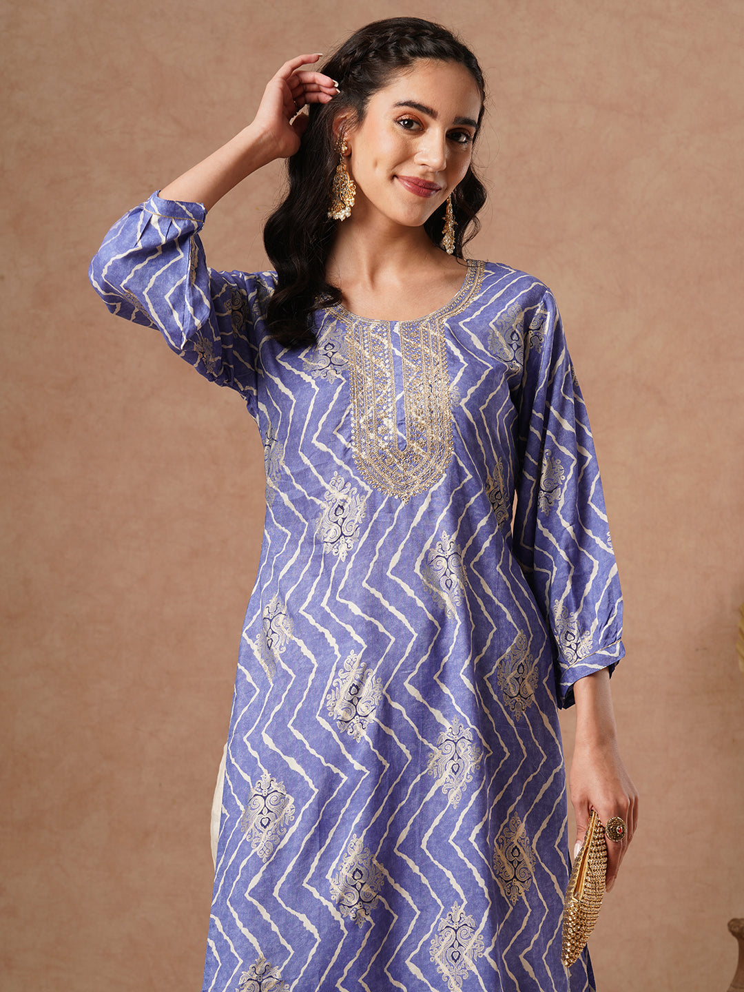 Ethnic Chevron Foil Printed Embroidered Straight Fit Kurta - Blue