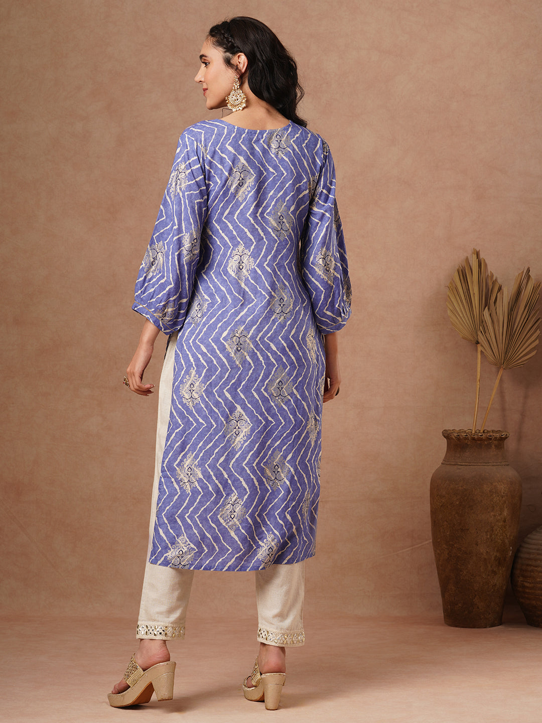 Ethnic Chevron Foil Printed Embroidered Straight Fit Kurta - Blue